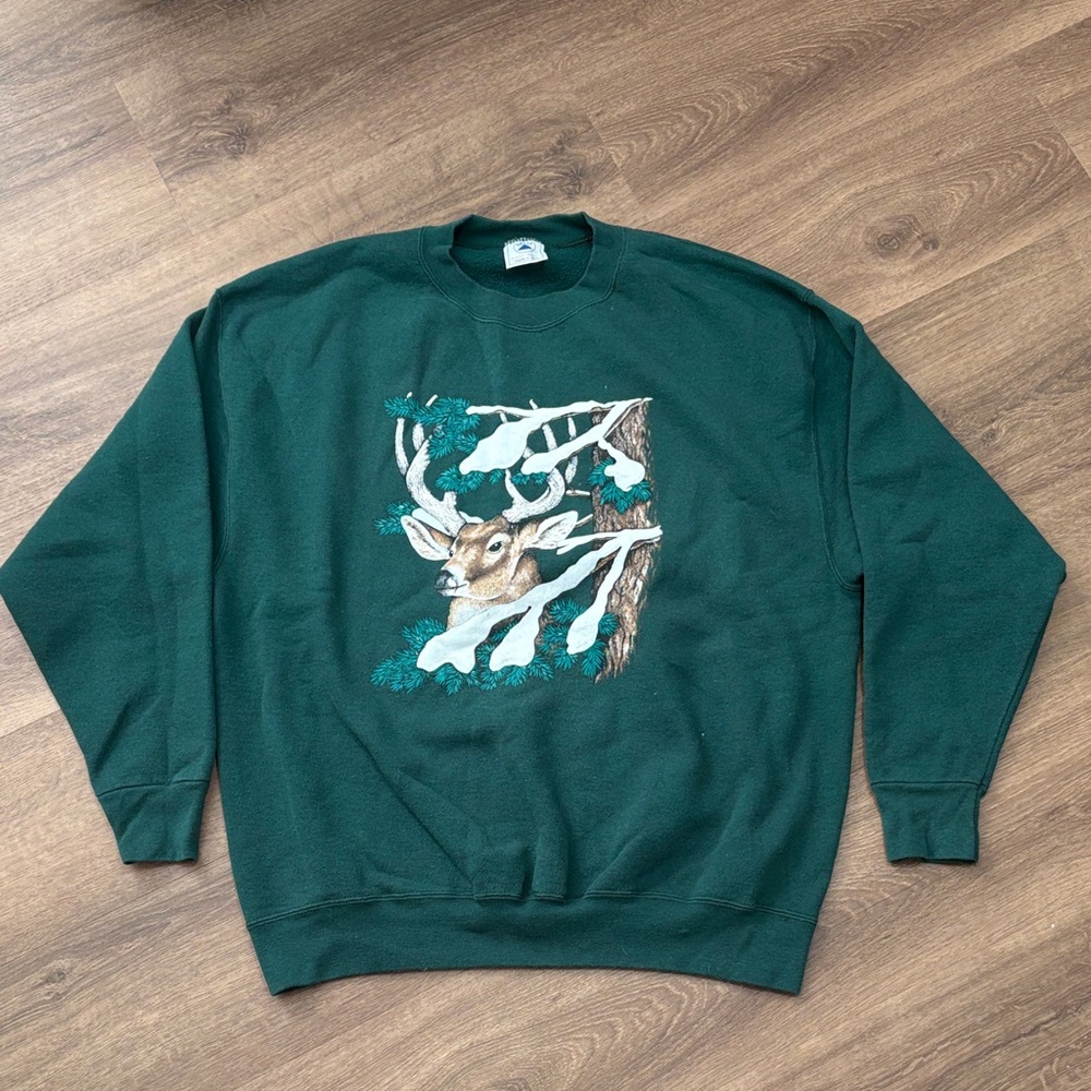 Vintage Green Deer Print Men's Sweater 90s Retro Crewneck XL Made in USA Hunting
